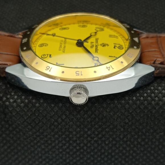 Vintage 1980 Henri Sandoz Manual Mens Silver Watch W/Leather Strap & Gold accent - Picture 5 of 8